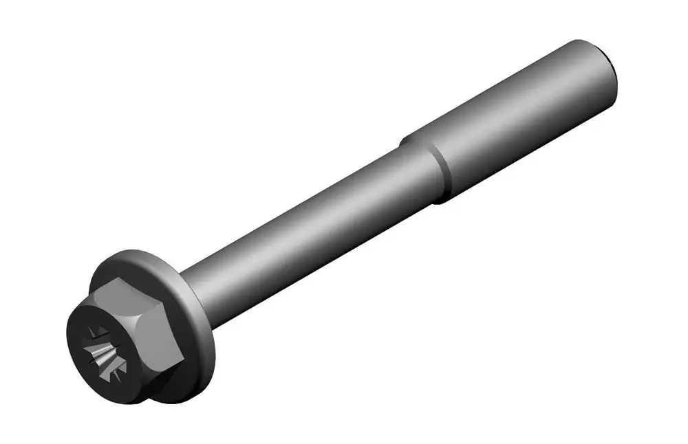 Graue Schraube von Bosch mit einem hexagonalen Kopf und einem langen Schaft. Der Kopf hat eine spezielle Torx-Verzahnung zur Verwendung mit einem entsprechenden Werkzeug.